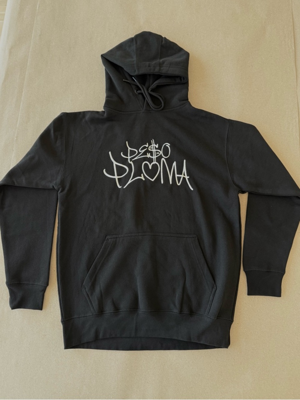 Peso Pluma — Black Unisex Graphic Concert Hoodie with White Script Logo — Size M